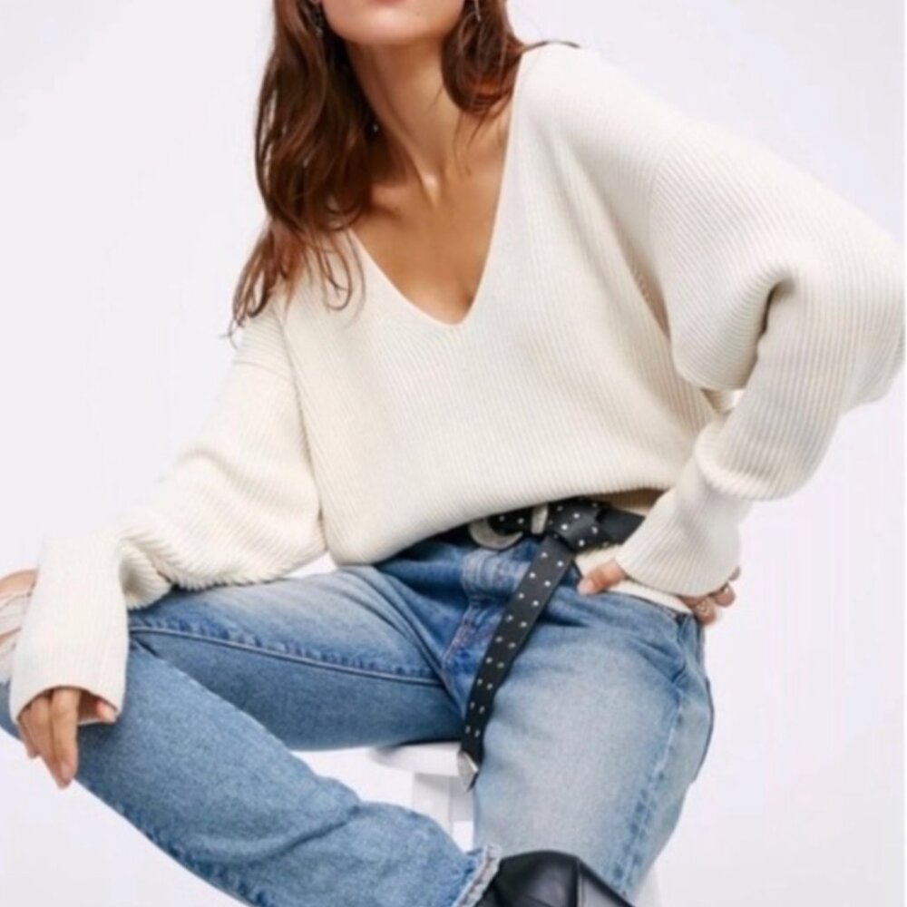 Free People Allure Pullover Sweater V Neck Ribbed Knit Ivory Cream Womens Small